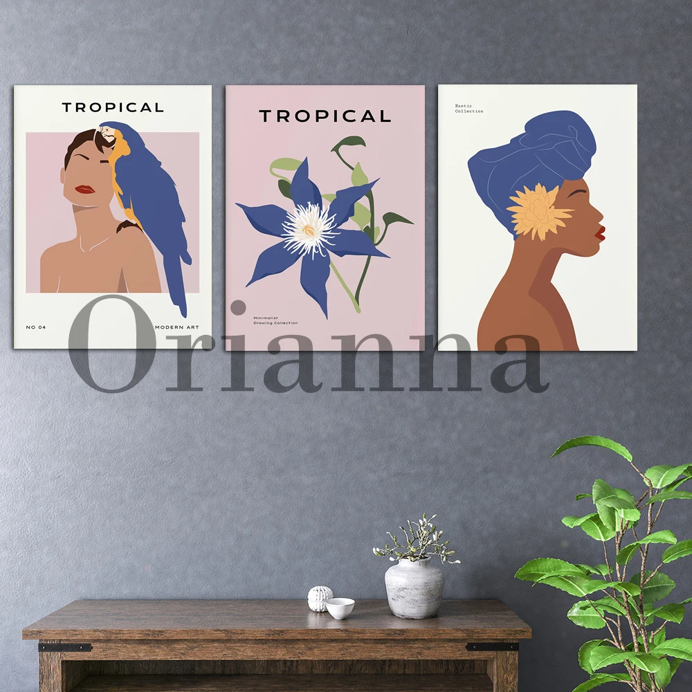 Exotic Botanical Black Woman Pink Navy Blue Tropical Flowers Wall Art Prints Poster Modern Living Room Bathroom Decor Painting