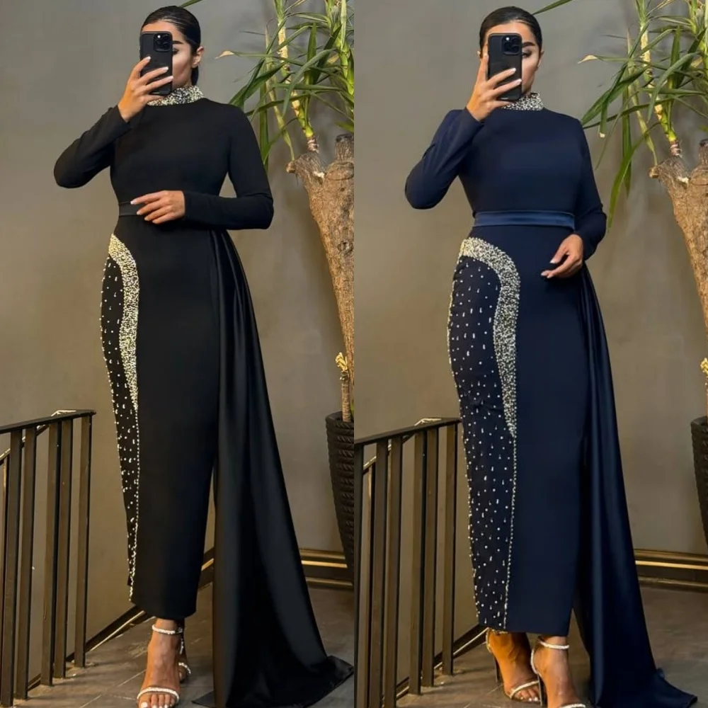 

Индивидуальные современные стильные вечерние платья из джерси с бисером и рюшами, прямые платья до щиколотки с высоким воротником, модные платья на заказ