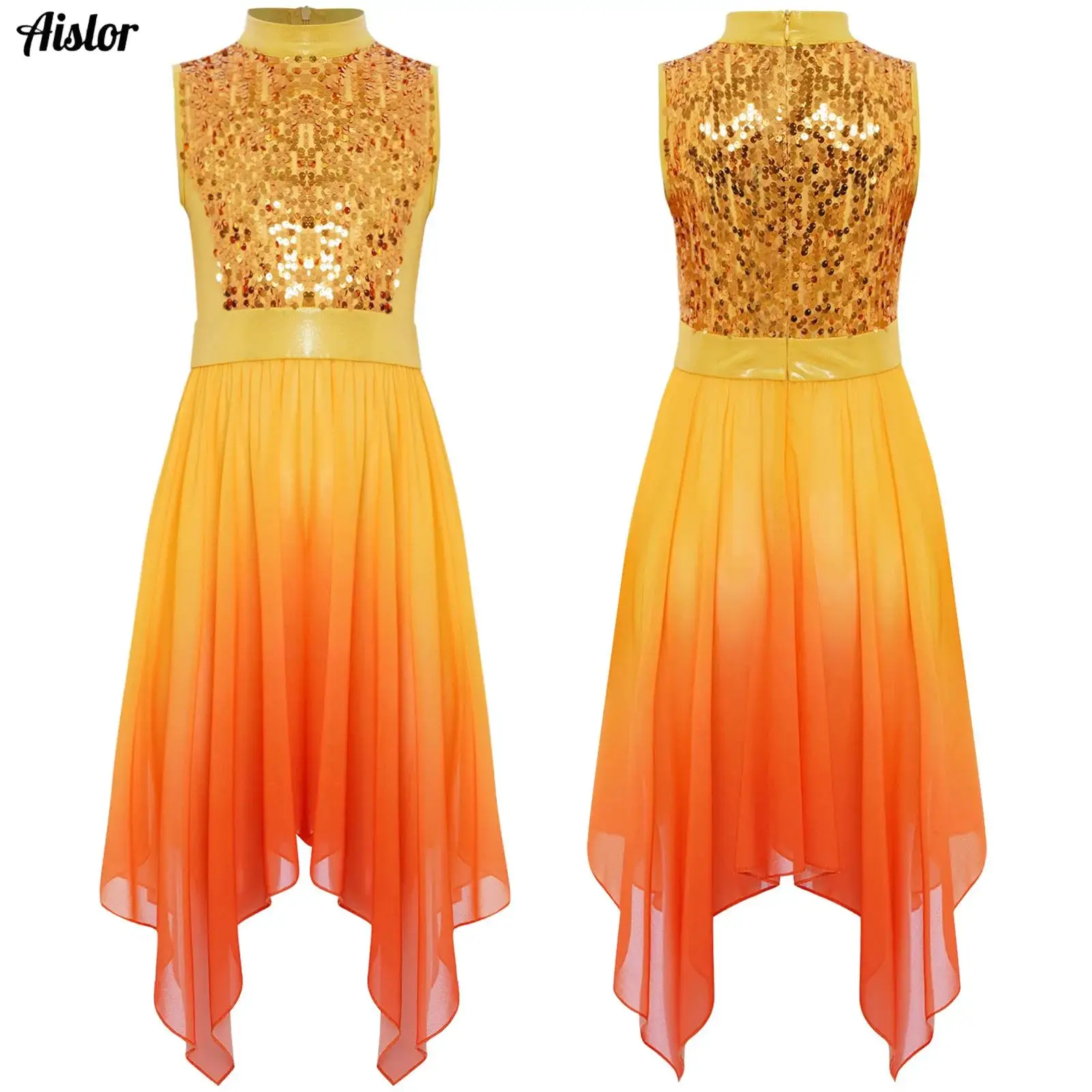 

Girls Liturgical Worship Praise Dance Tunic Dresses Lyrical Contemporary Dancewear Sleeveless Sequins Bodice Asymmetrical Dress