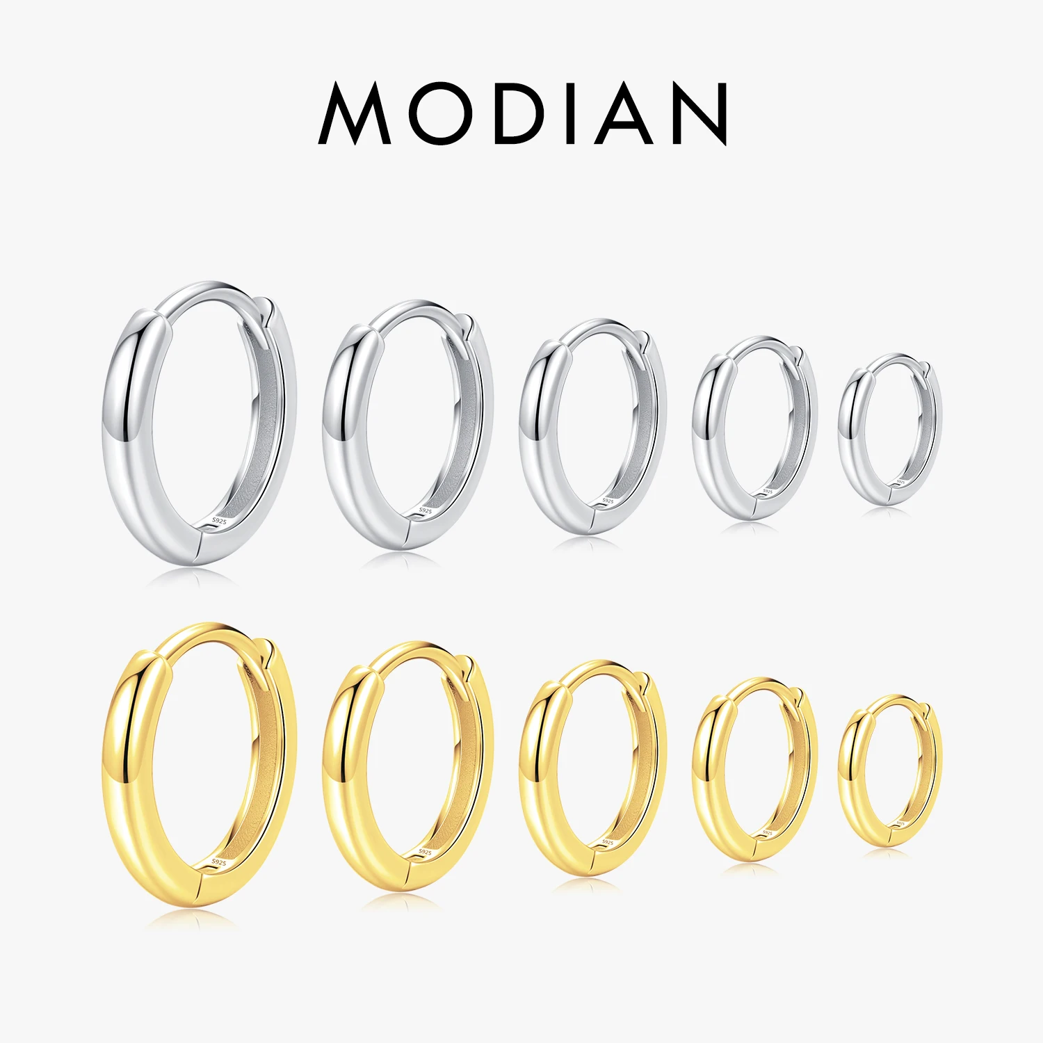 MODIAN 5 rozmiarów 925 Sterling Silver Proste, sztaplowane okrągłe klamry do uszu Klasyczne podstawowe kolczyki kółka w kolorze złotym dla kobiet Biżuteria