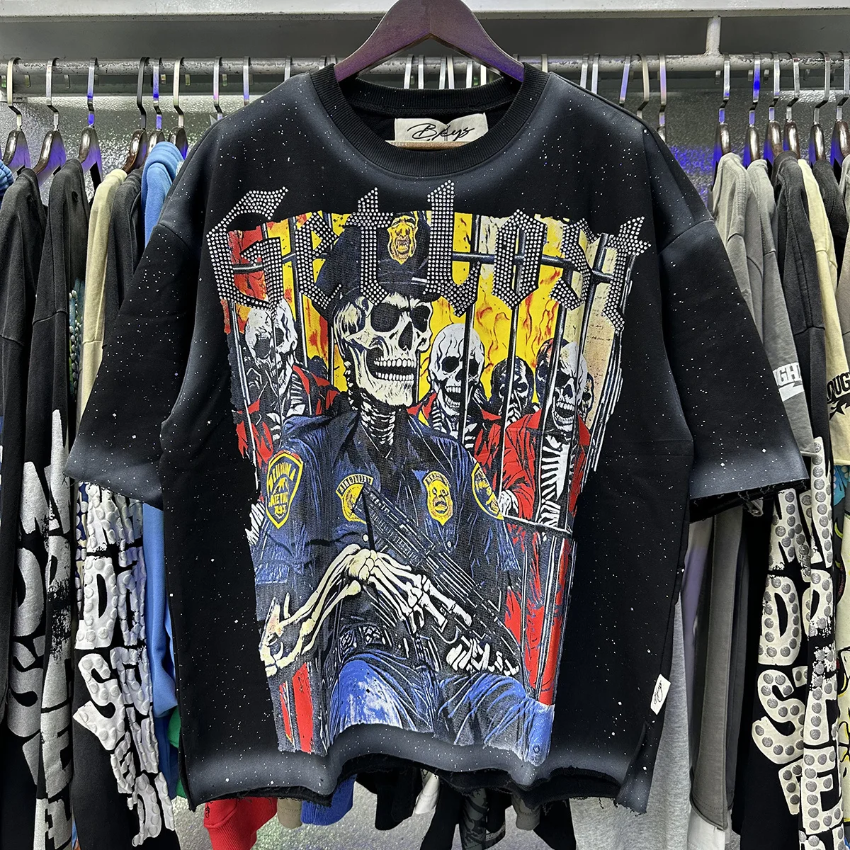 Trendy BKYS American Skeleton Print Glitter Letter Short Sleeve Sweatshirt T-Shirt with Fleece Youthful Cotton Street Style