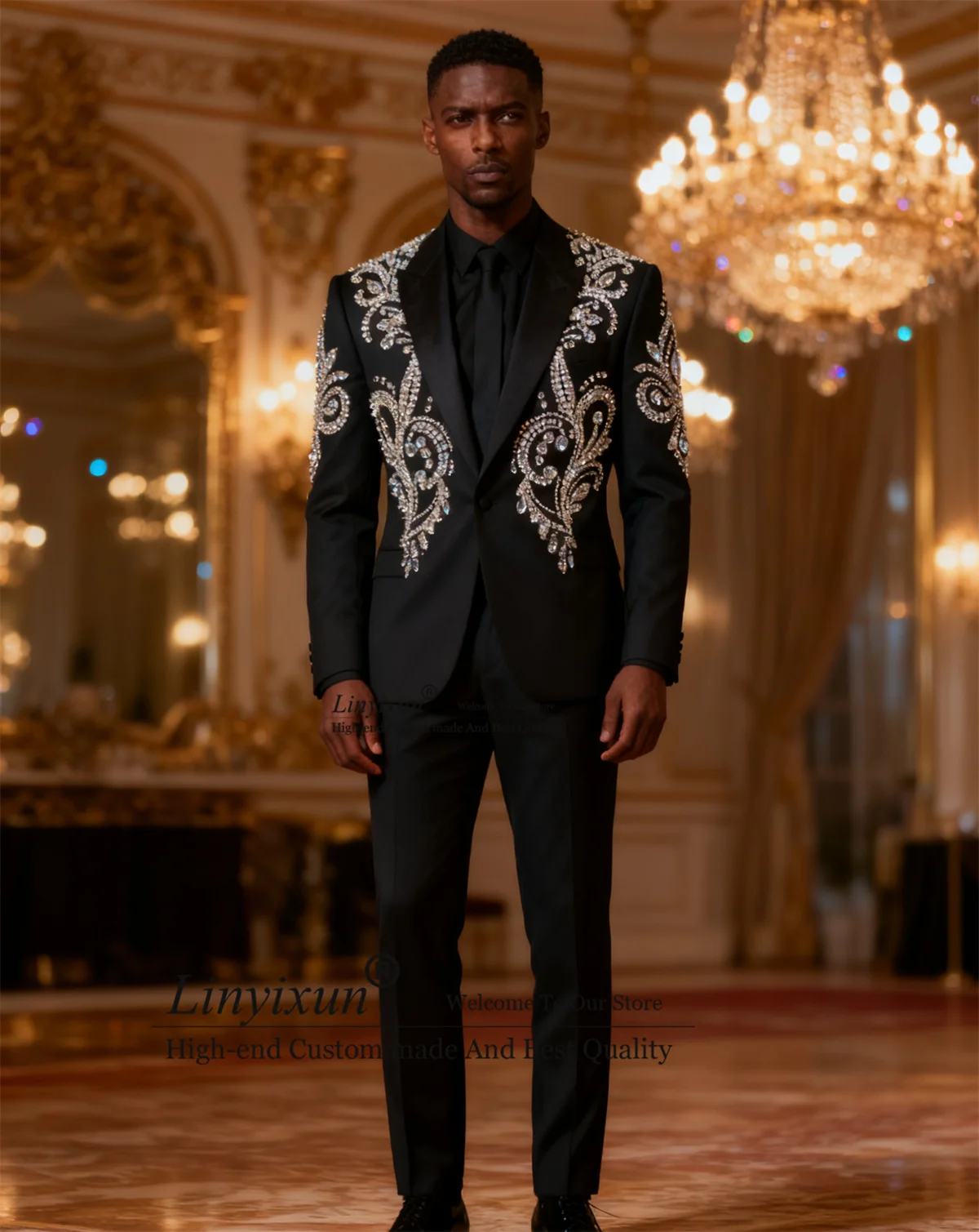 

Handmade Metal Embellished Men Suits 2 Pieces Sets Male Party Prom Blazers Customized Fashion Hollow Groom Tuxedos Ropa Hombre