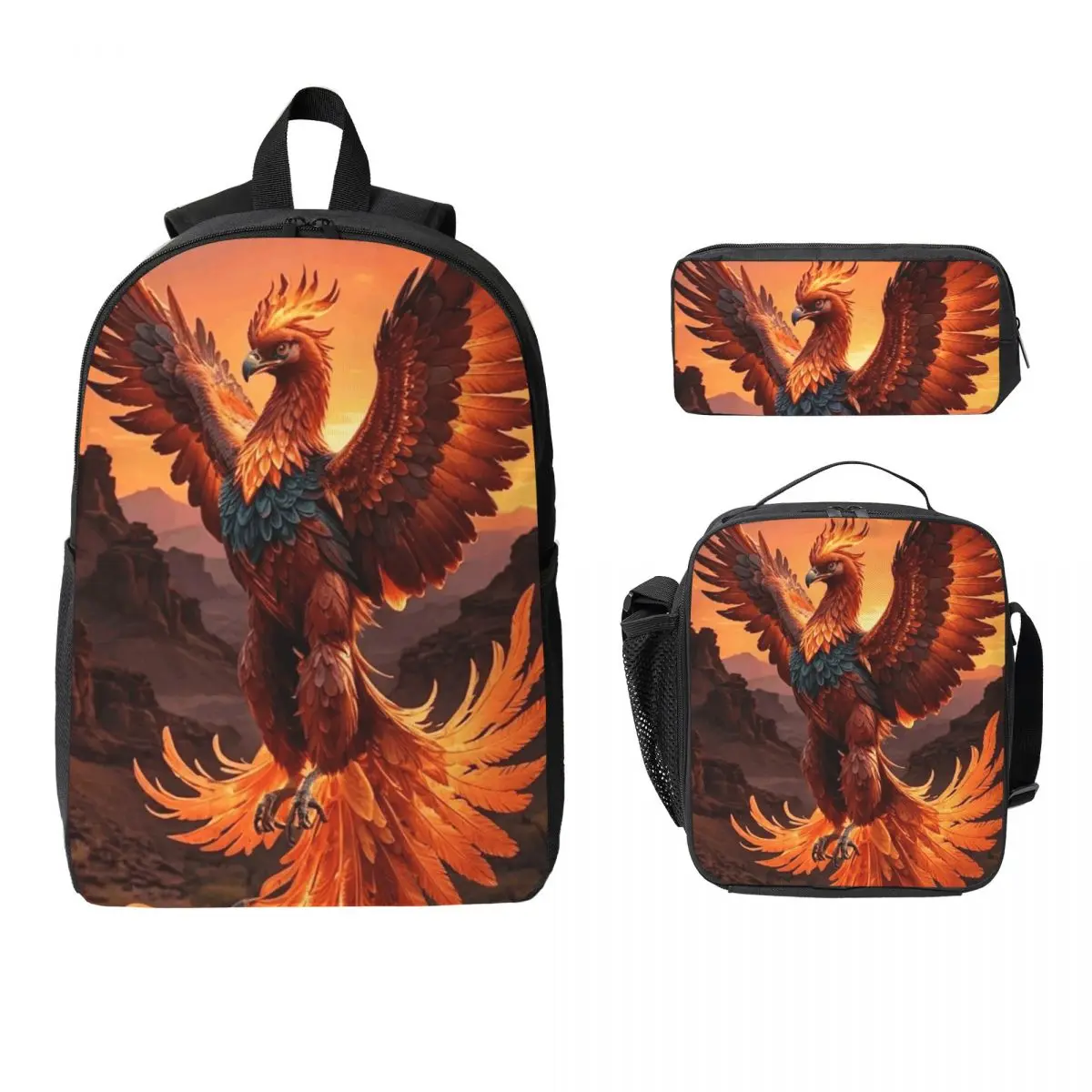 

Phoenix Mythical Bird With Fiery Wings Backpack BookBag School Bag Laptop Shoulder Bags 3ps Insulated Lunch Bag Pencil Case