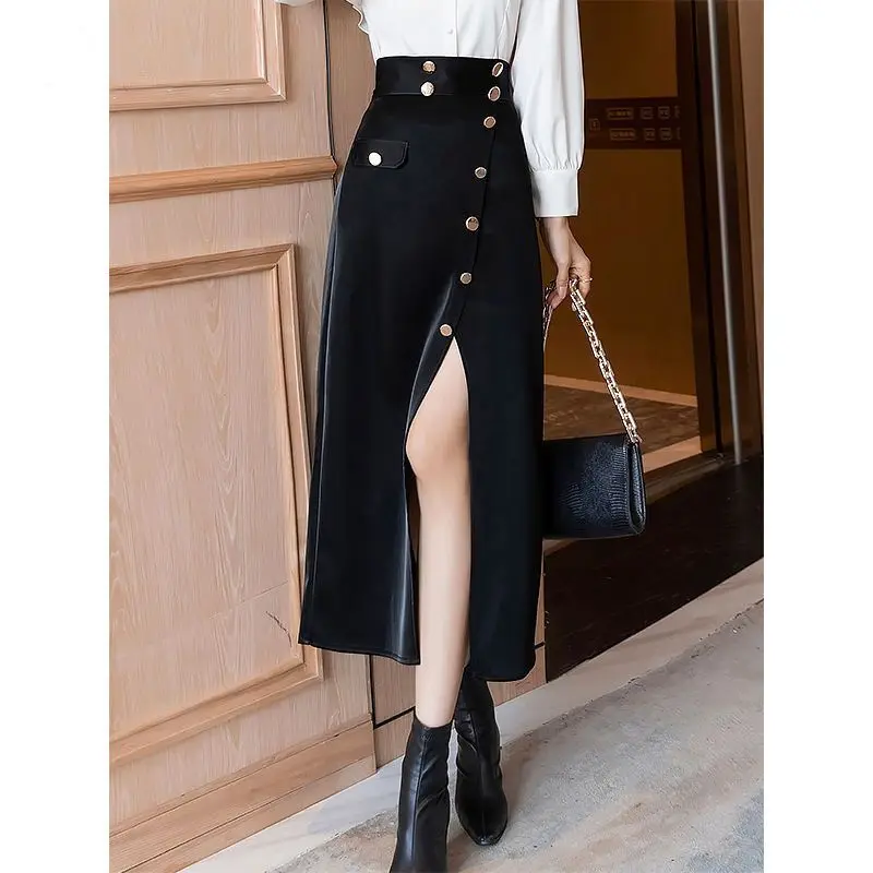 

2024 Women Spring Autumn New Irregular High Waist Buttons Skirt Female Split Sexy Ladies Solid Color Package Hip Skirts Q927