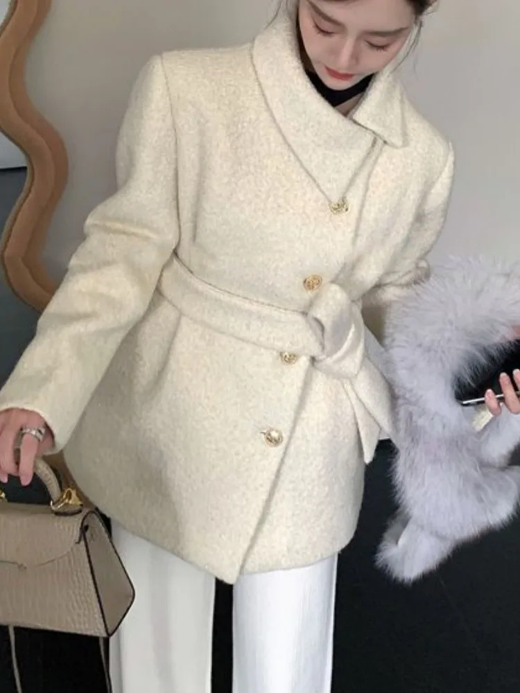 Off-white Small Fragrant Short Jackets Female Autumn Winter Korean Chic Niche Temperament Strap Women Tops Slim Woolen Coat