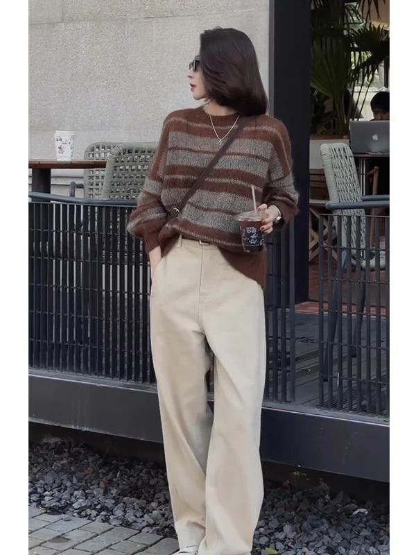 Early Autumn Loose Women's Camere Sweater Striped Color Blo Knitted Top Casual Sle Long Sve round Ne Regular Thi...