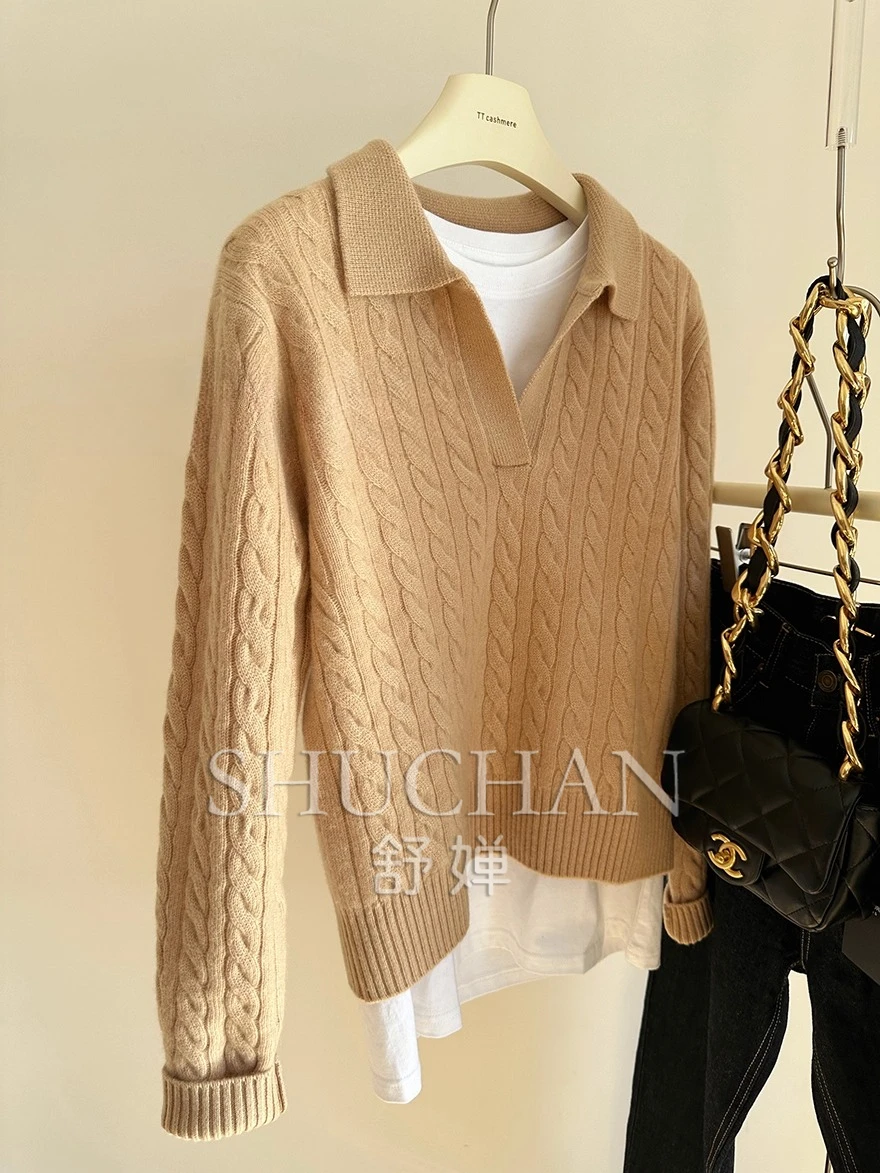 New Cashmere Soft Twist Lapel Casual Cashmere Sweater Women Long Sleeve Top Korean Fashion Pullover
