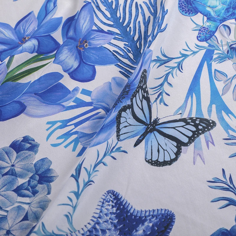 

Summer Thin Silk Crepe de Chine Fabric-Charming Blue Butterfly Floral Print on White Soft Silk Fabric for Shirt Dress Pants R153