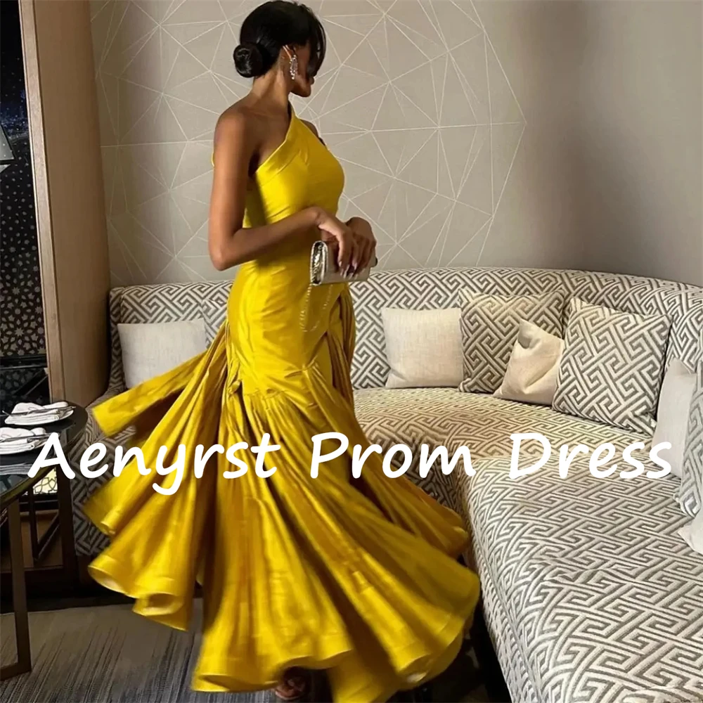 Aenyrst-vestido de noche amarillo de un hombro, traje de sirena de Arabia Saudita, satén drapeado, para baile de graduación, hasta el tobillo, Formal, para ocasiones