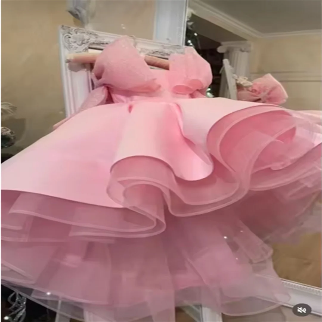 فساتين فتاة الزهور بفيونكة وردية عالية ومنخفضة مخصصة لحفلات أعياد الميلاد للفتيات الصغيرات للأطفال فستان التواصل الأول