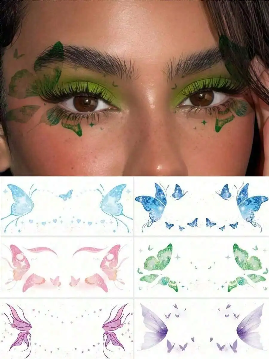 6 Sheets Colorful Butterfly Tattoos Waterproof Temporary Glitter Eye Tattoos Stickers For Halloween Valentine's Day