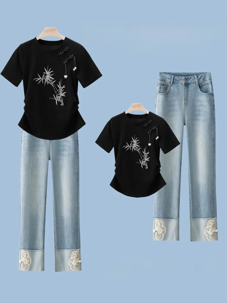 

Chinese Style Bamboo Embroidery Short Sleeve T-Shirt Women's Summer New Set Nine Point Straight Jeans Two Piece Fashion Set