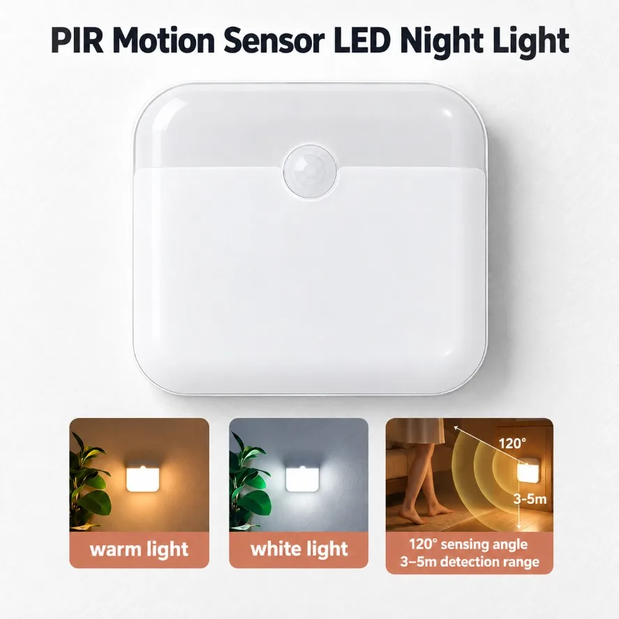 1-2Pcs PIR Motion Sensor LED Night Light Wireless Wall Lamp Warm White 2 Colors Auto On/Off for Stair Bedroom Corridor Lighting