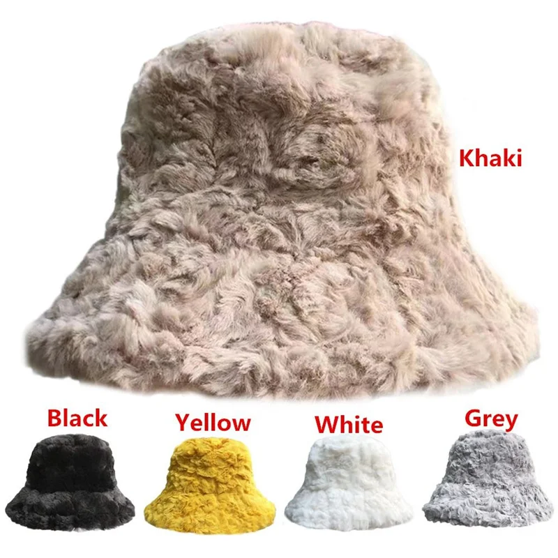 Winter Unisex Bucket Hat Faux Fur Warm Solid Color Fisherman Cap Fashion Women Soft Furry Panama Hats Casual Outdoor Sun Caps