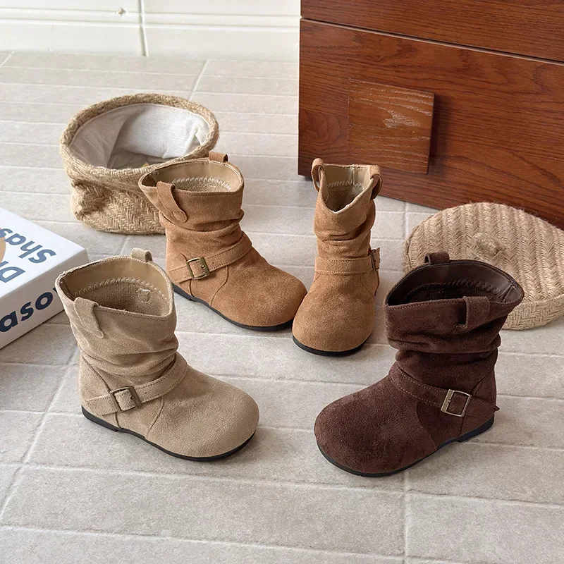 Fashion Korean Baby Girls Boots Ruched Slouch Retro Kids Winter Flat Booties