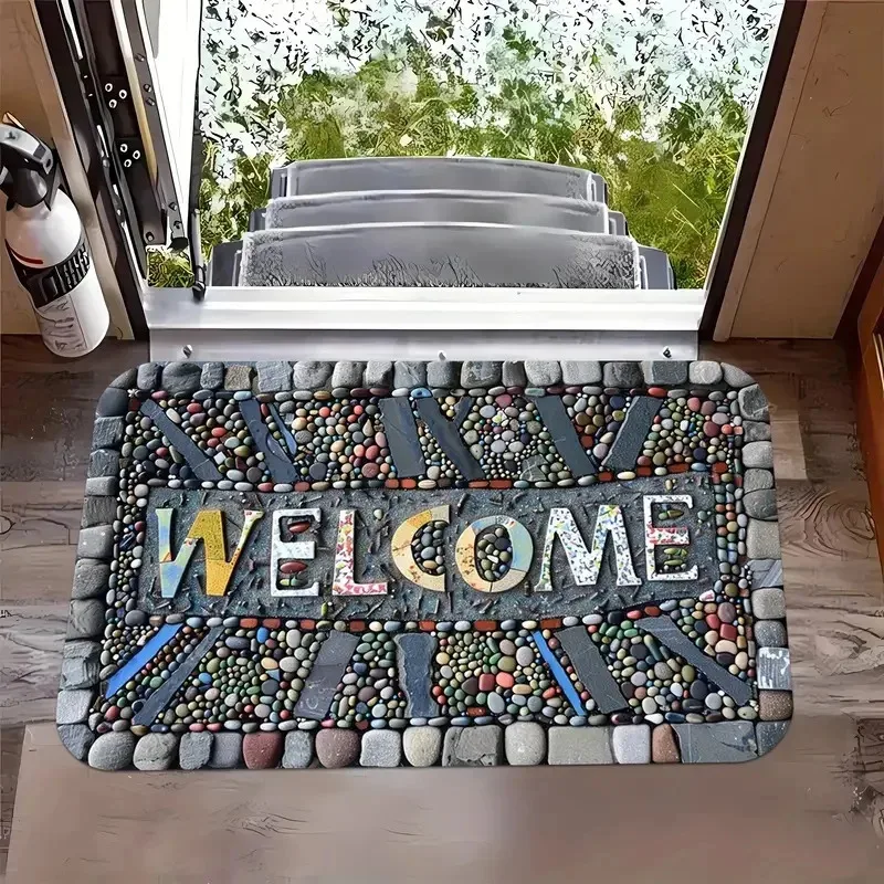 VIKAMA Happy Camper Doormat, Outdoor Themed Welcome Rug for Caravan, Porch & Entryway, Printed Camping Decor Mat