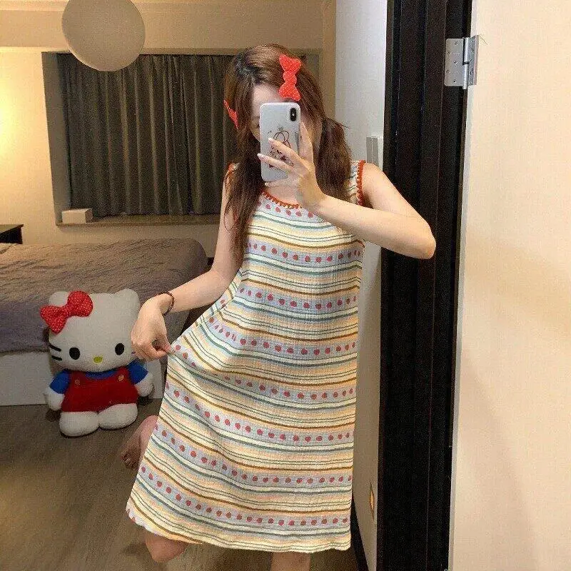 Sweet Strawberry Print Striped Double-Layer Cotton Yarn Pajamas Women's Summer Vest Shorts Loungewear 2026New
