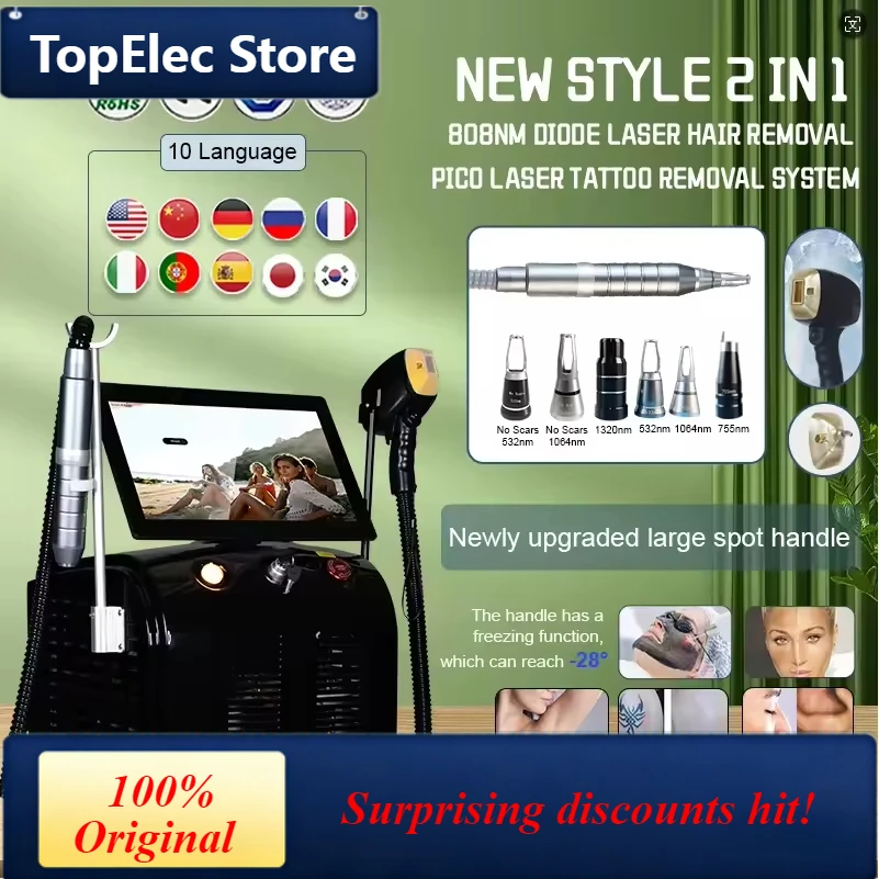 TopElec 2 in 1 Diode Laser Hair Removal And Picosecond Laser 3 wavelengths 808 Safe Painless Hair Removal tattoo removal 532/106