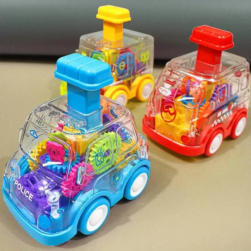 Cute Walking Transparent Gear Car for Kids Police School Bus Press Toy Car Pull Back Car Cartoon Vehicles Toys For Children Gift