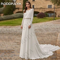 RODDRSYA Boheemse trouwjurk kant lange mouw 2025 Boho chiffon A-lijn bruidsjurken rugloze afneembare trein aangepast Boheemse trouwjurk Kant Lange Mouw 2025 Boho Chiffon A lijn Bruidsjurken Backless Afneembare Trein Aa