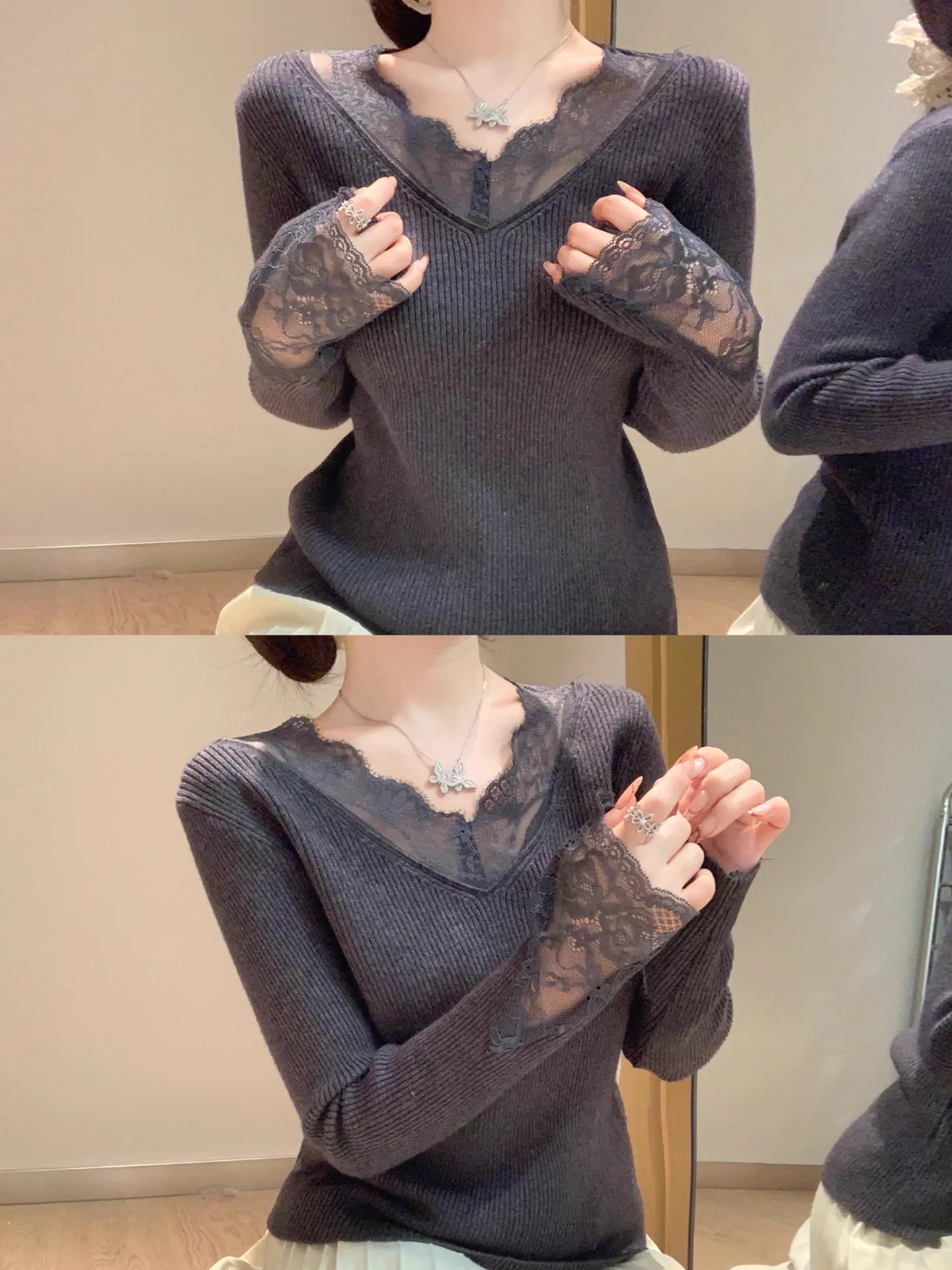 

Модный кружевной вязаный свитер с v-образным вырезом, женский осенне-зимний базовый свитер, тонкий уникальный красивый топ Super Sli