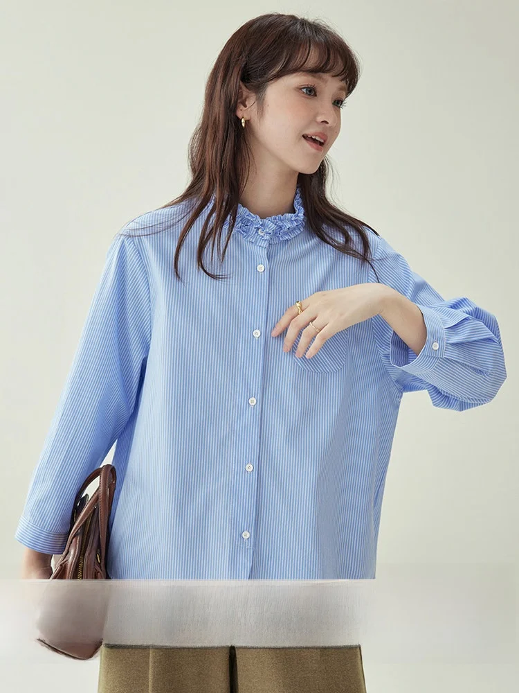 

AMUU Оригинальная женская рубашка с длинным рукавом, синими полосками и деревянным воротником, на одной пуговице, осенняя новинка, приятная к телу, дышащая