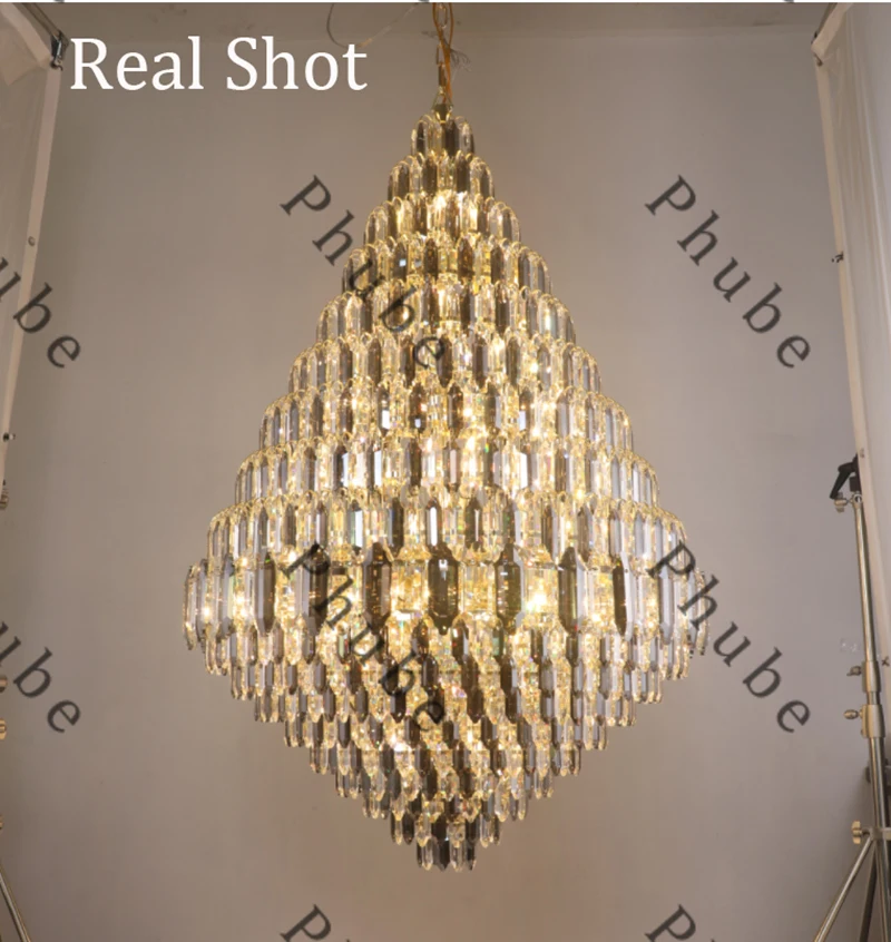 Big Gold Crystal Chandelier Lighting For Stair Modern Hanging Lamp For Foyer Lobby Hall Chrome Hanging Light For High Ceilings