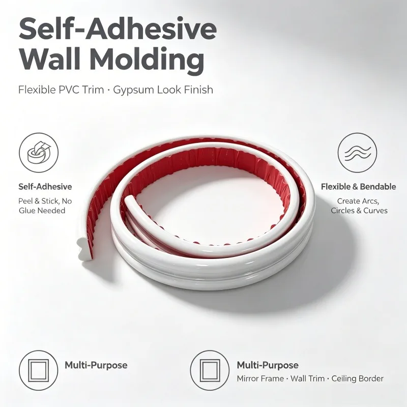 1PC 1M/39.37in Flexible PVC Decorative Molding Trim Self Adhesive Wall Border Strip Faux Plaster Style Mirror Frame Edge Finish