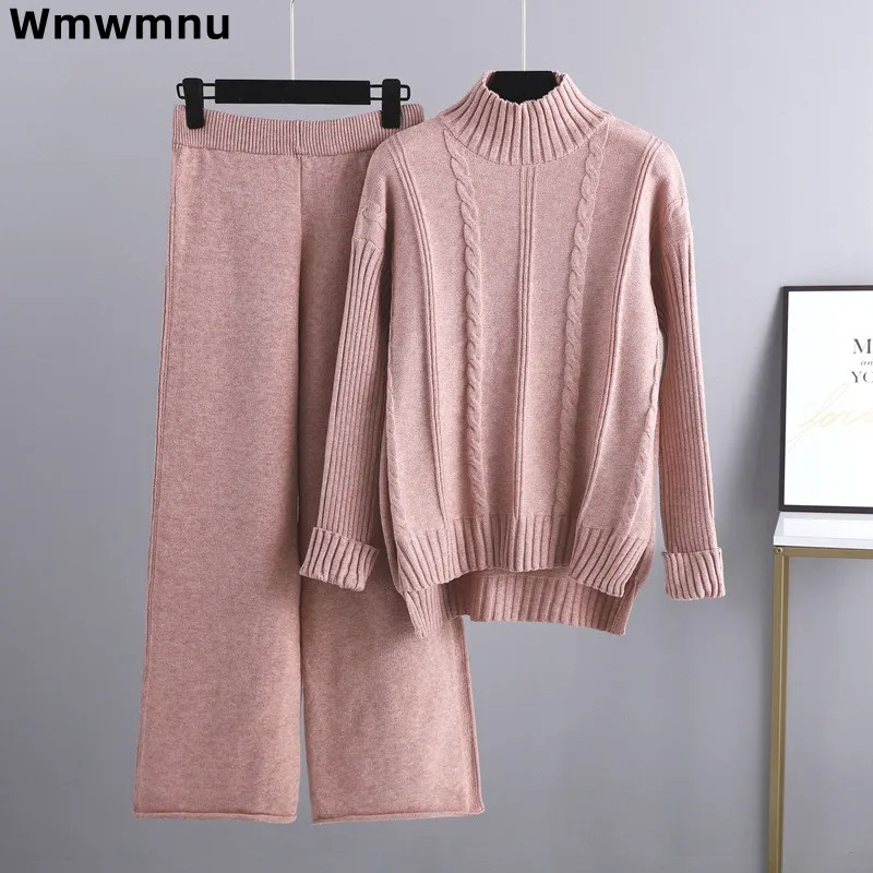 

Fall Winter Casual Knitted Women 2 Piece Sets Soft Warm Elegant Turtleneck Sweater Tops Ensemble High Waist Wide Leg Pants Suit