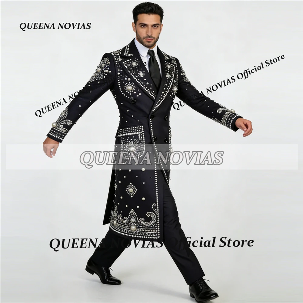 High End Rhinestone Beaded Men Suits Long  Design Groom Coat Male Blazers Ropa hombre Customized Slim Firt Pearls Wedding Tuxedo