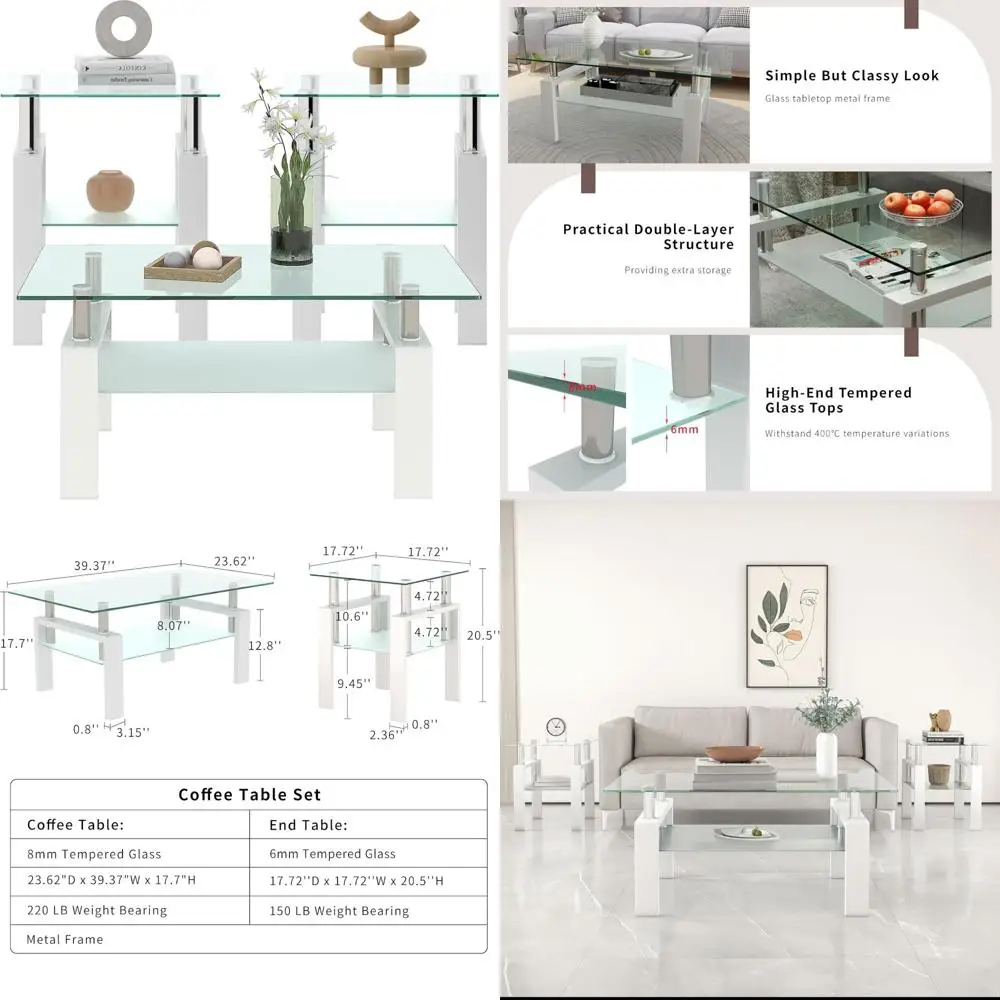 

Набор из 3-х стеклянных журнальных и торцевых столиков в белом металлическом каркасе для гостиной