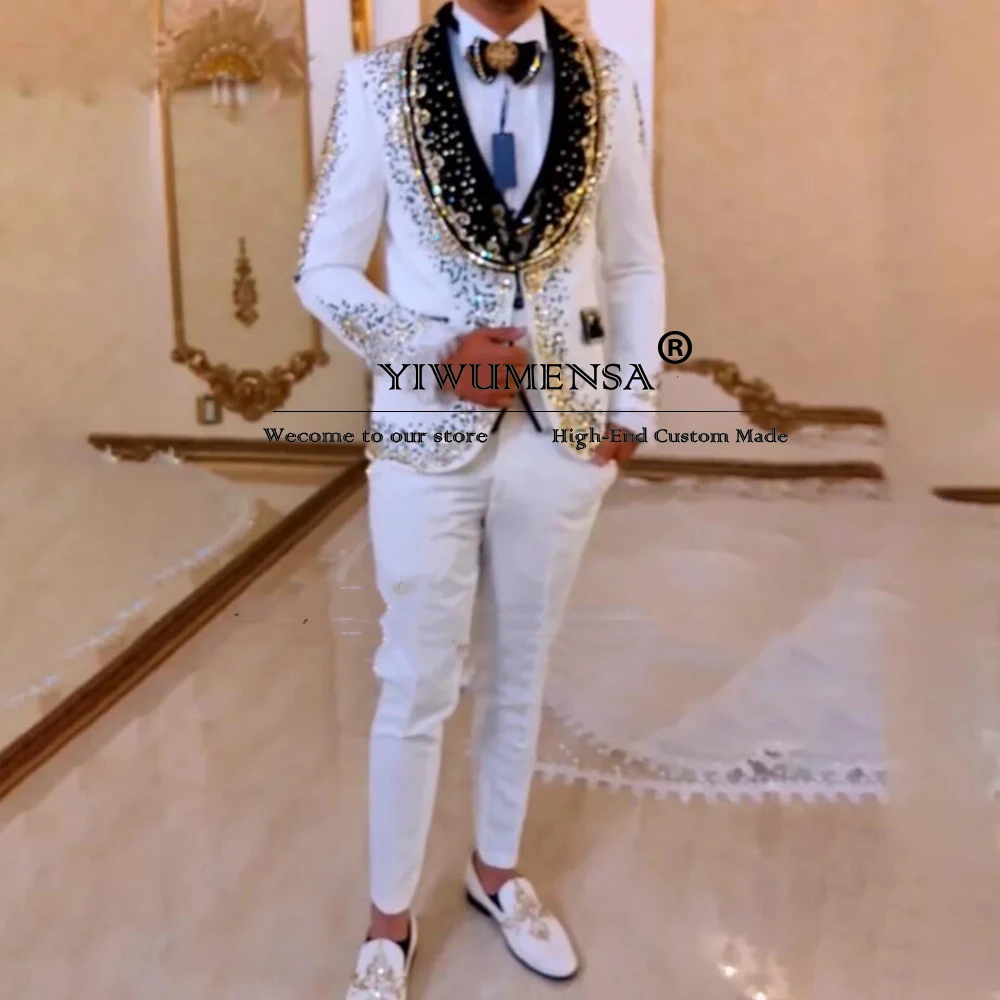 

Exquisite Suits Men Formal Party Black Shawl Lapel Crystals Beads White Groom Wedding Tuxedos Bespoke Man Dinner Banquet Clothes