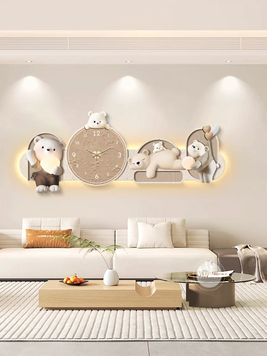 ​​Cream Style Bear Living Room Decor Painting Sofa Background Wall Art With Clock LED Light Picture Bedroom Bedhead Mural​
