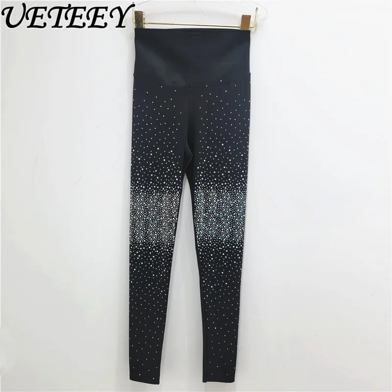 Spring and Autumn Heavy Industry Hot Diamond Leggings Women's Black High Waist Skinny Versatile Yoga Shark Skinny Pants