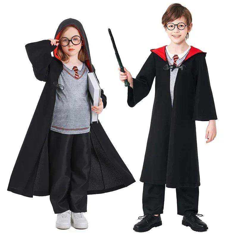 

Children Girls Medieval Magic Wizard Hooded Robe Sets Kids Boys British Style Academy Costume Halloween Cosplay Party Dress Up