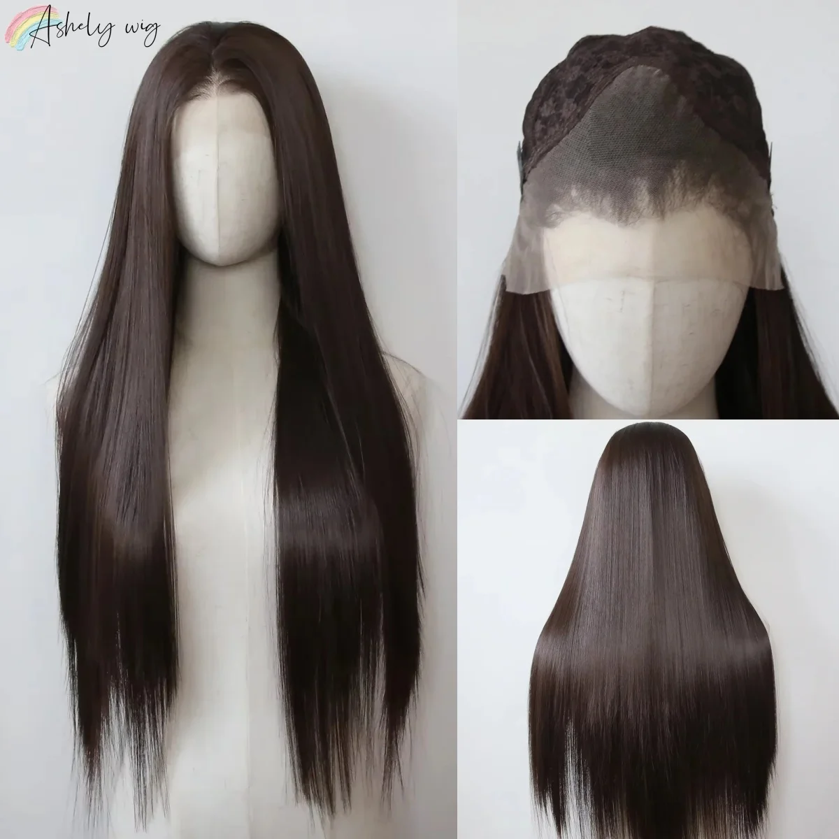 Ashely 13*4 Dark Brown Synthetic Lace Front Wigs Brown Long Straight Lace Front Wig for Women Pre Plucked Natural Hairline