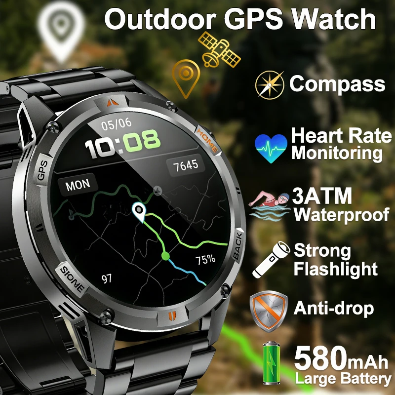 

Мужские умные часы, уличные GPS, спортивные треки, часы для звонков, 580 мАч, сильный светодиодный фонарик, монитор сердечного ритма, водонепроницаемые умные часы