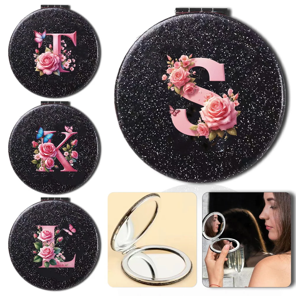 Durable Double Sided Flash PU Mirror Washable Space Saving Beauty Cosmetic Tool Pink Butterfly Initial Name 26 Letters