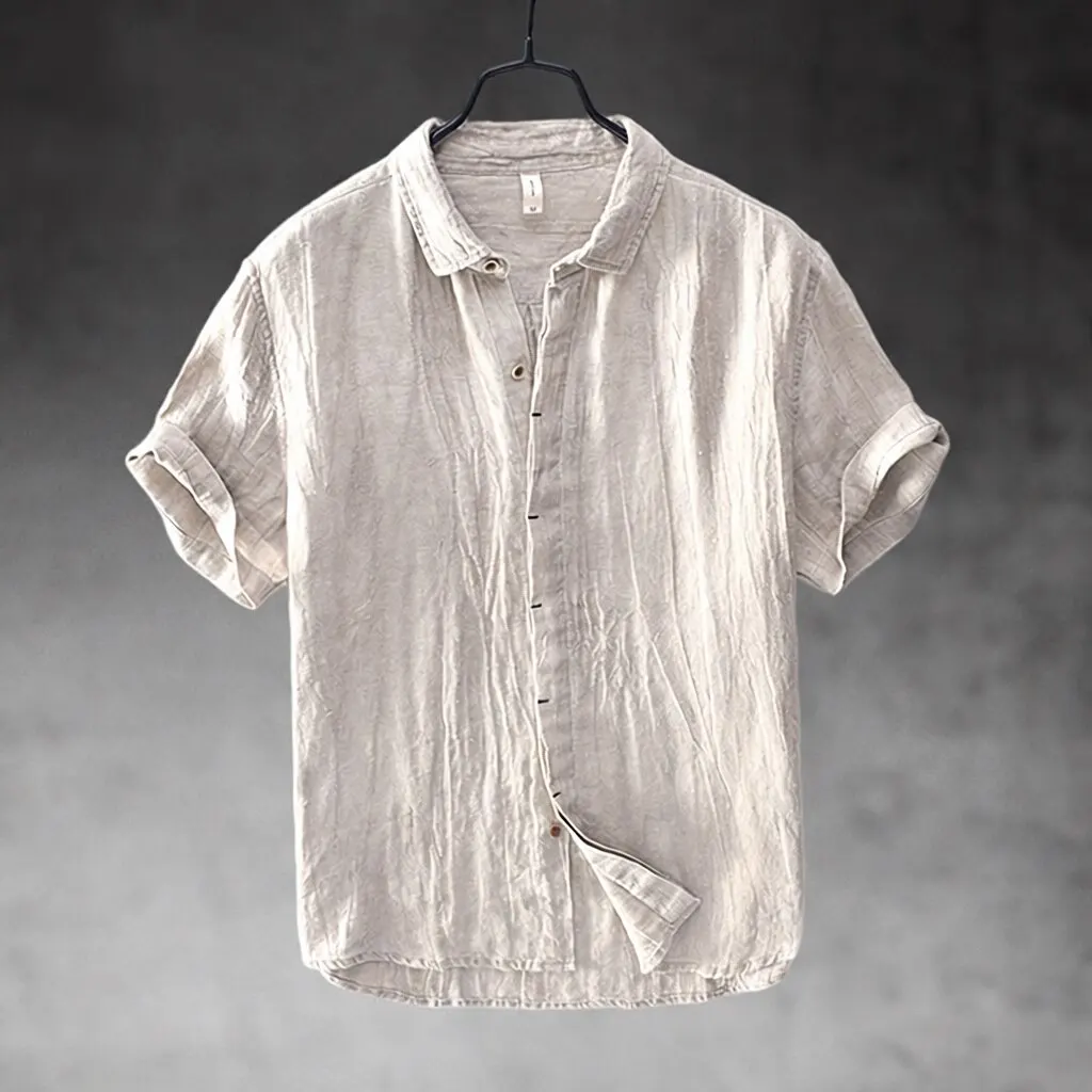 Retro Pleated Short Sleeve Men's Shirt Casual Loose Fit Breathable Summer Fashion Polyester Fiber Cool Sensation Regular Length