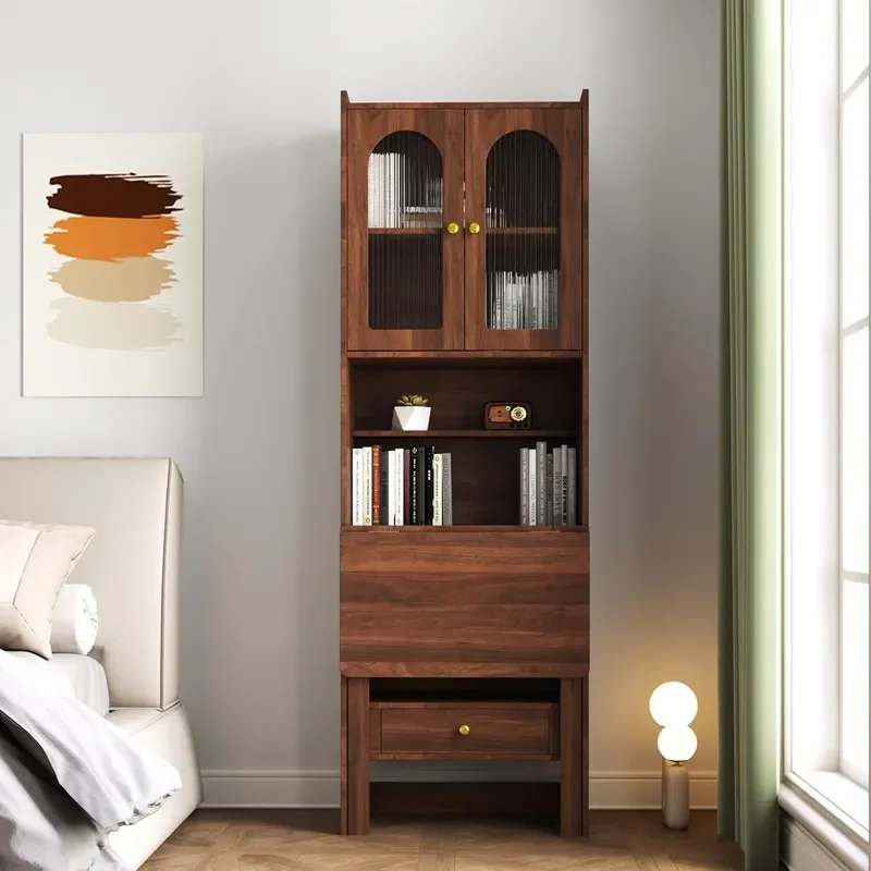 Fold-Out Home Office Desks Writing Table with Glass Doors Drawers Bookshelf Storage Shelves Modern Wooden Convertible