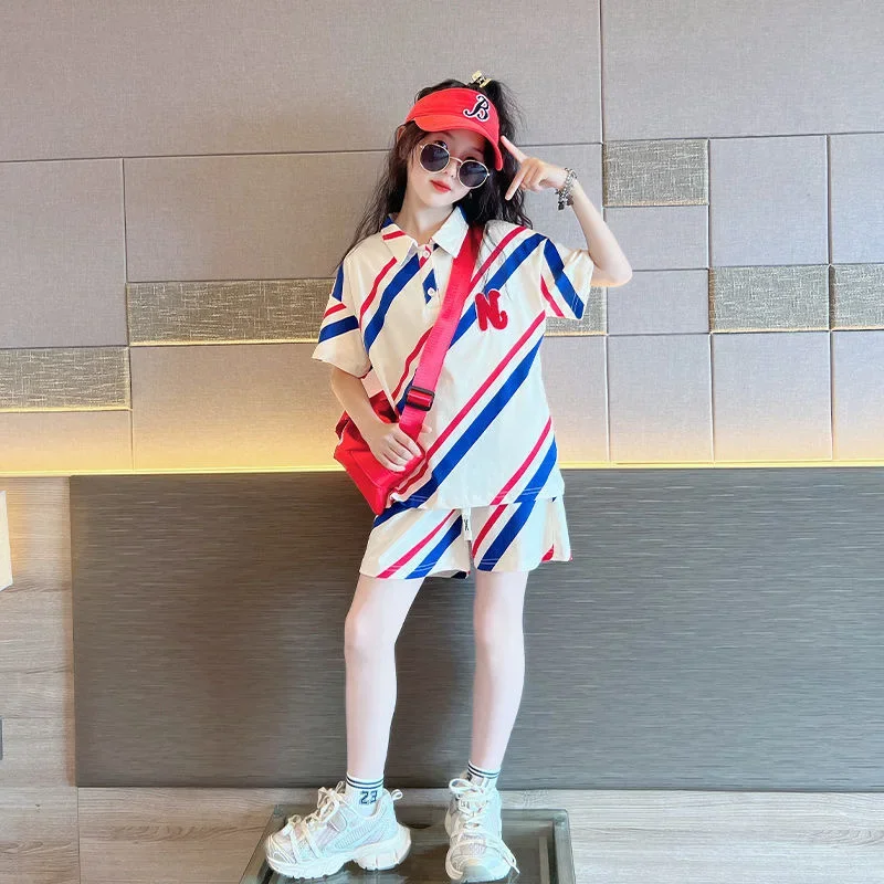 

Girls Summer Sports Suit Striped T-shirt + Shorts Loose Korean Style Two-piece Suit Outer Wear Casual Simple Loungewear Outfit