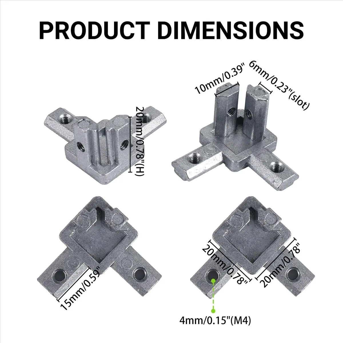 GTS 4Pc 2020 Series 3 Way End Corner Bracket Connector for European Standard 6mm T Slot 20 x 20mm Aluminum Extrusion Profile