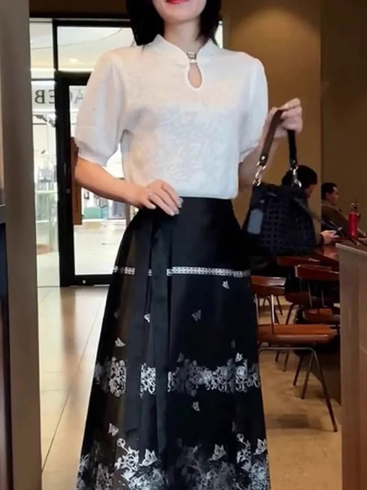 New Chinese Style T-Shirt with Button Short Sleeve Loose Fit Slimming Summer Fashionable Versatile Embroidered Top Korean Style