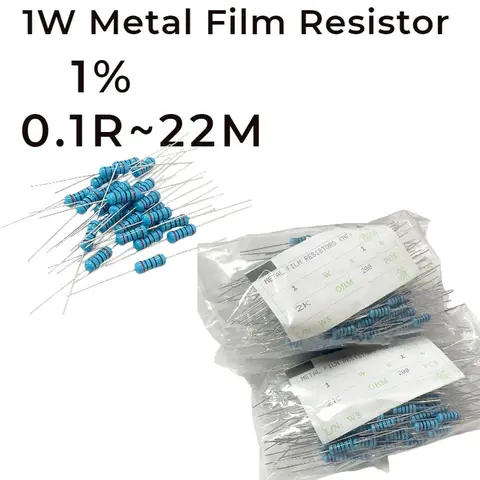 50pcs 1W Metal Film Resistor 1% Tolerance 5 Color Ring Axial Lead Fixed Resistor 0.1R~22M Ohm