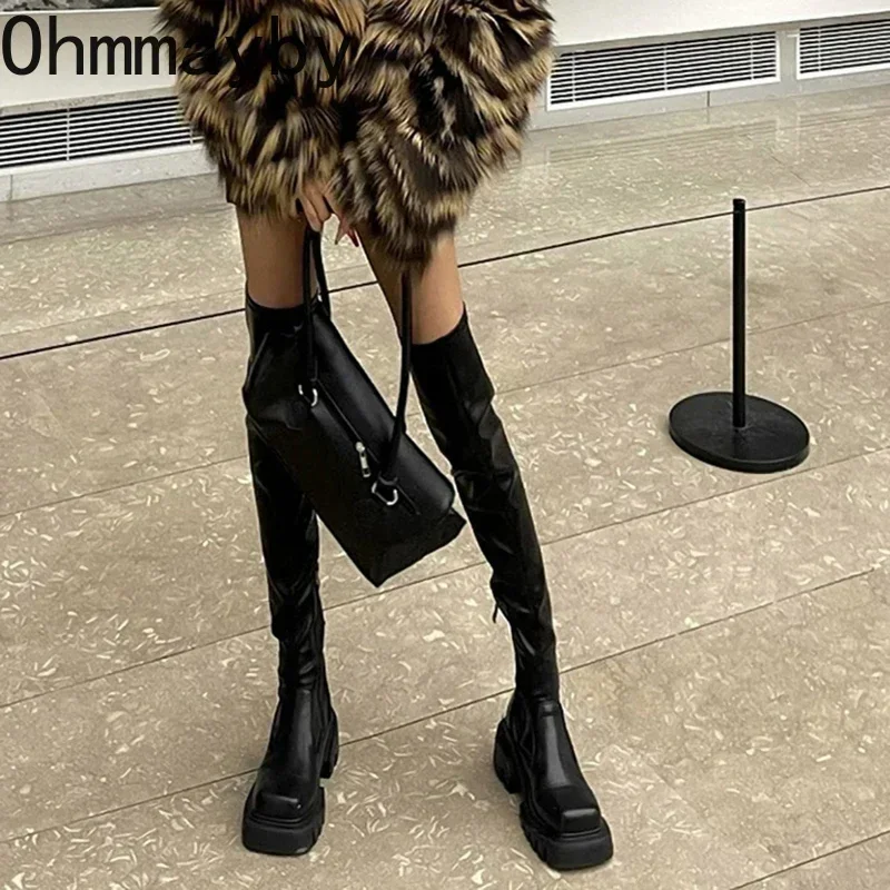 Elastic Slimming Women Over The Knee High Boots Fashion Back Zippers Shoes Square Heel Autumn Winter Ladies Knight Long Booties