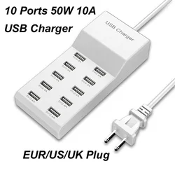 10 Ports 50W 10A 5V/2.1A 5V/1A USB Hub Wall AC Power Fast Charging Charger Adapter Travel US EU Plug For iPhone Samsung Xiaomi M