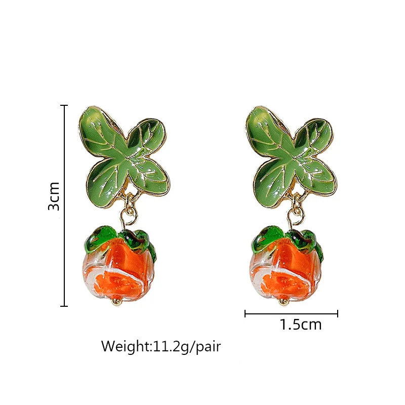 Lucky99 2024 New Trendy Cute Green Leafy Fruit Persimmon Earrings For Women Fresh Exquisite Crystal Enamel Drop Earring Girl