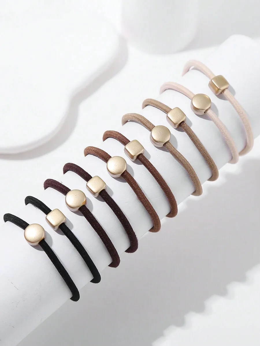 

10pcs Elastic Hair Ties With Metal Bead Decor For Women Daily Styling