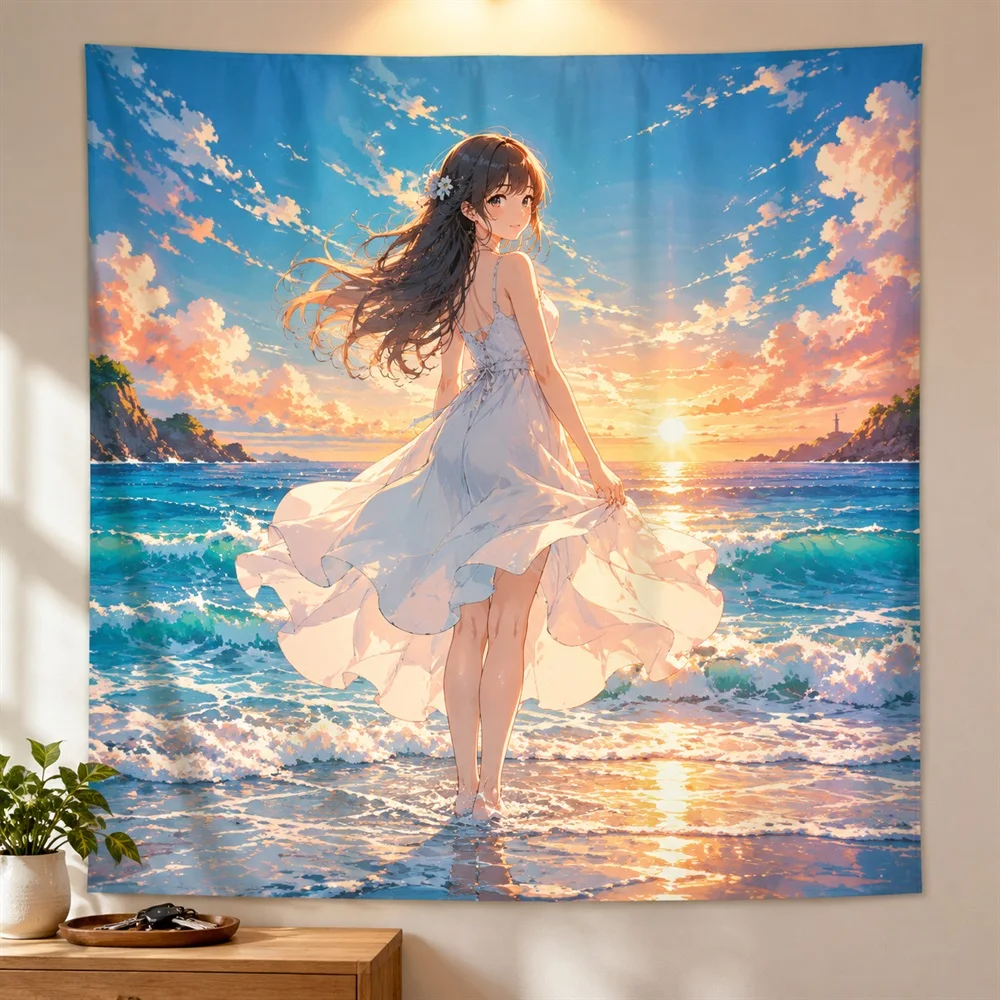 VIKAMA Seaside White Dress Anime Tapestry Wall Hanging, Aesthetic Cinematic Anime Room Decor Tapestries for Bedroom Living Room