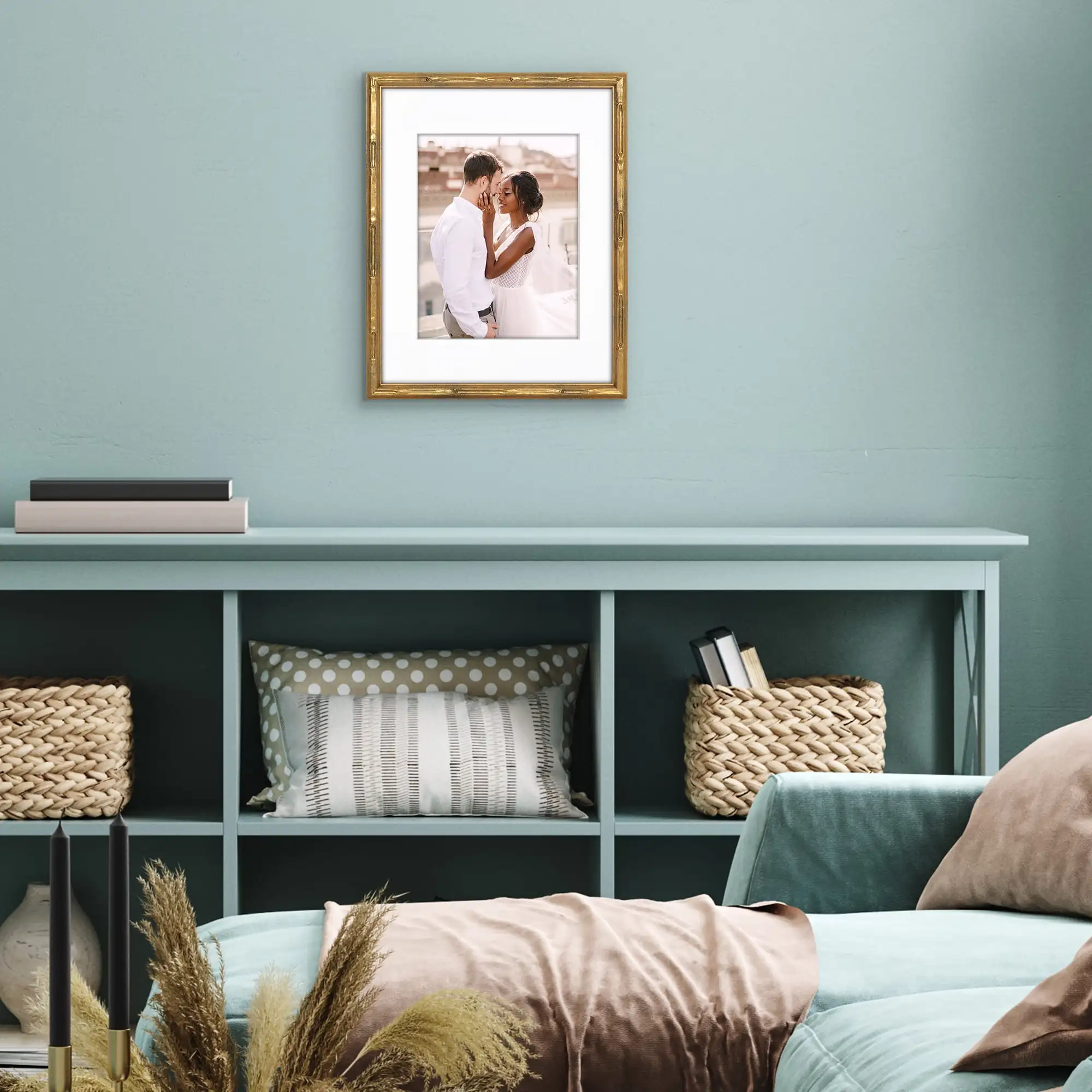 

11"x14" Picture Frame with Mat - Gold Bamboo Frame with Faux Bamboo Design - with Easel Stand and Shatter Resistant Glass